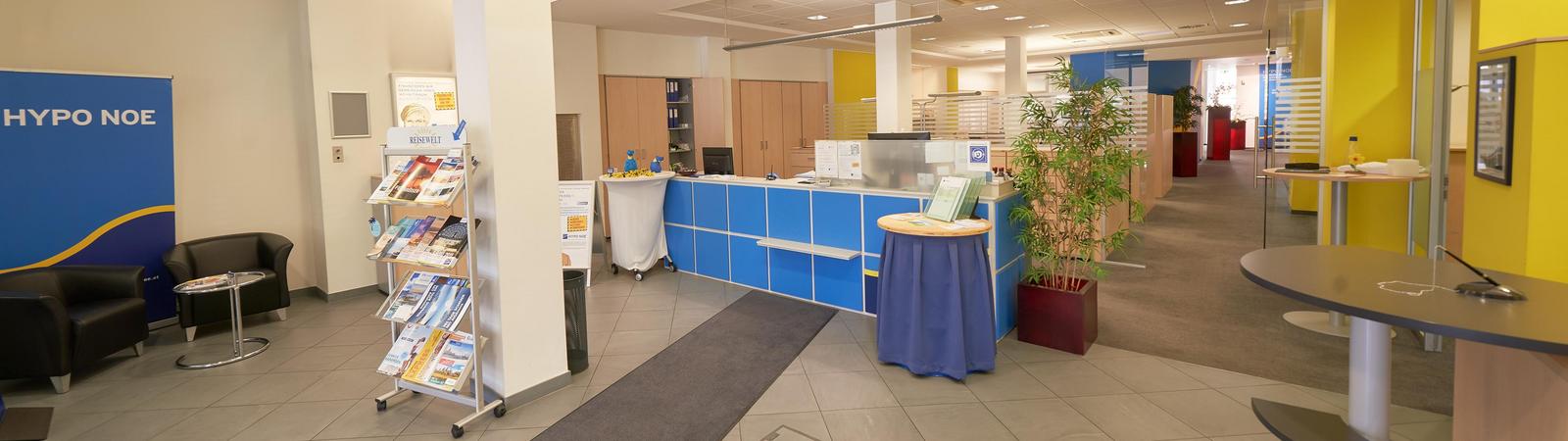 Raum mit Teppich zum Kundentresen, Regal mit Informationsbroschüren, Wartestühle und Tische: Innenansicht der HYPO NOE Filiale Wiener Neustadt