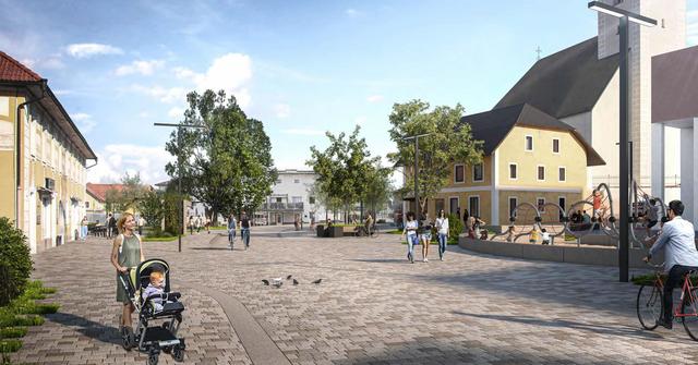 Eine Grafik eines Platzes, auf dem Menschen gehen, Rad fahren und sitzen. Geradeaus sind Beete, Bäume und Grünflächen, rechts Spielplatz und Kirche.