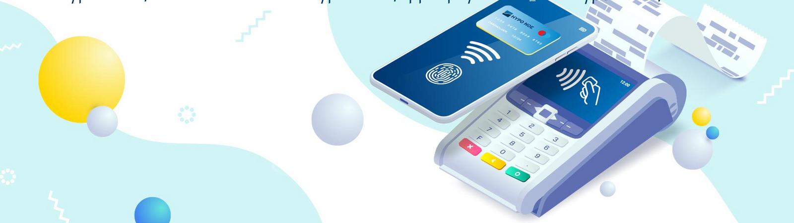 Eine Grafik, die Mobiles bezahlen im Überblick zeigt - unter anderem anhand eines Kassenterminals und eines Smartphones.