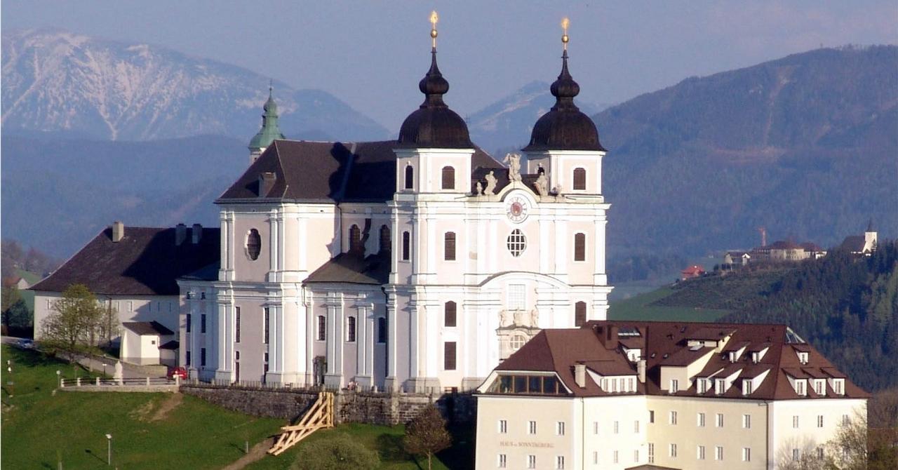 großes rosa Gebäude (Basilika) mit 2 Türmen und Statuen sowie einer Uhr auf der Fassade