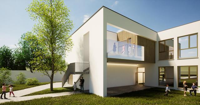 Grafik eines modernen, weißen zweistöckigen Gebäudes mit Außentreppe und Grünfliäche